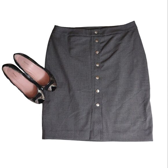 LOFT Grey Black Houndstooth Button Front Lined Straight Skirt Size 12 - Picture 6 of 15